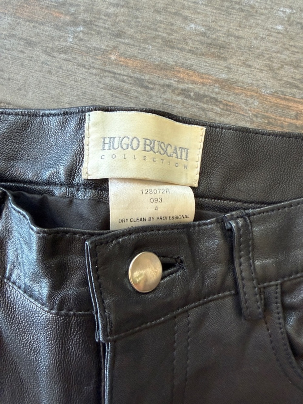 Hugo Buscati Black Leather Trousers with Brushed Metal Button